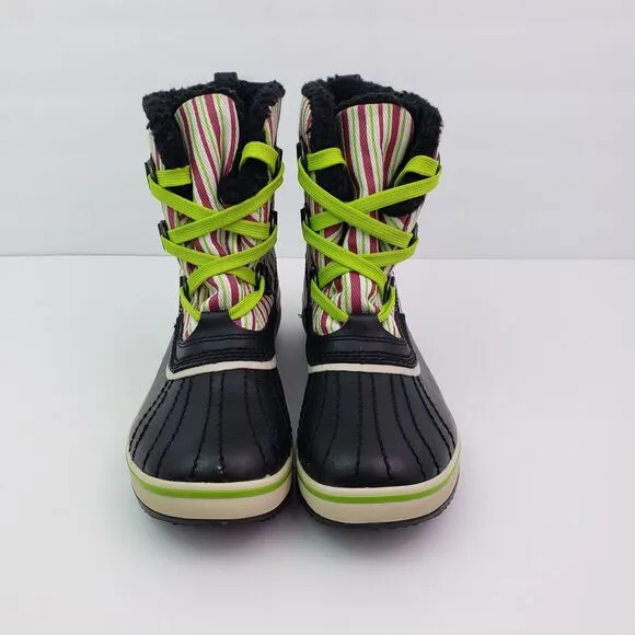 Sorel Tivoli Pac Girls Size 2Y Black Pink Green Striped Winter Snow Boots NY1819