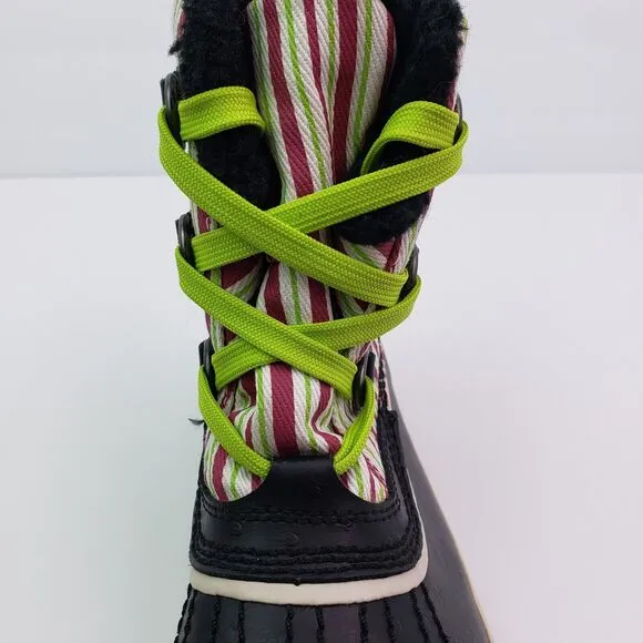 Sorel Tivoli Pac Girls Size 2Y Black Pink Green Striped Winter Snow Boots NY1819