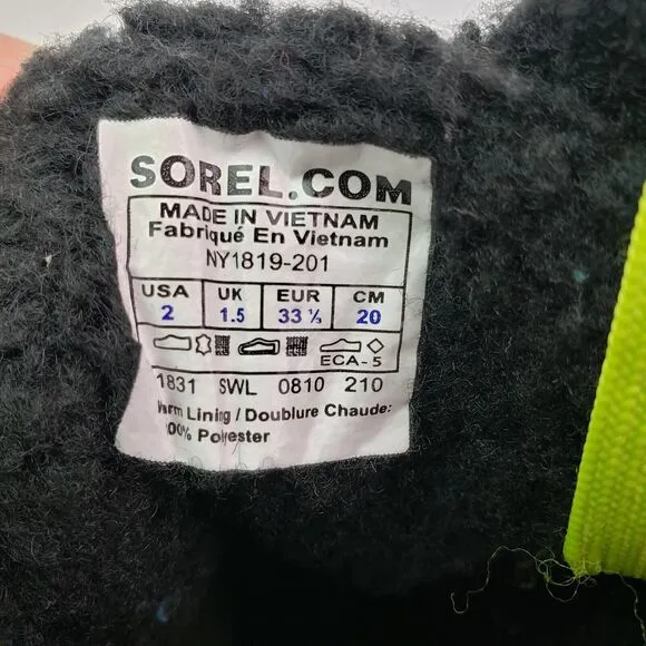 Sorel Tivoli Pac Girls Size 2Y Black Pink Green Striped Winter Snow Boots NY1819